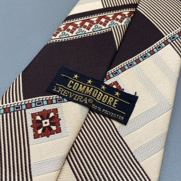 Vintage 1970s Commodore Trevira Polyester Necktie Brown Red Beige Geometric Wide - Picture 3 of 4